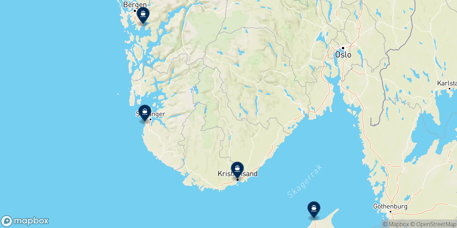 Mapa de los destinos Fjord Line