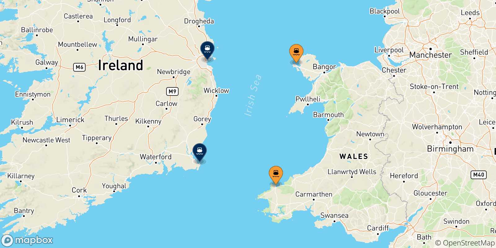Mapa de los destinos alcanzables de Gales
