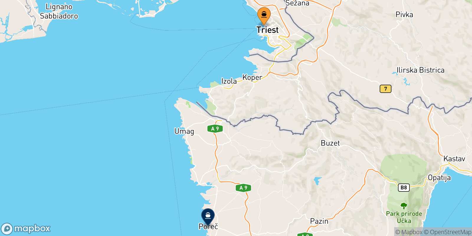 Mapa de la ruta Trieste Porec