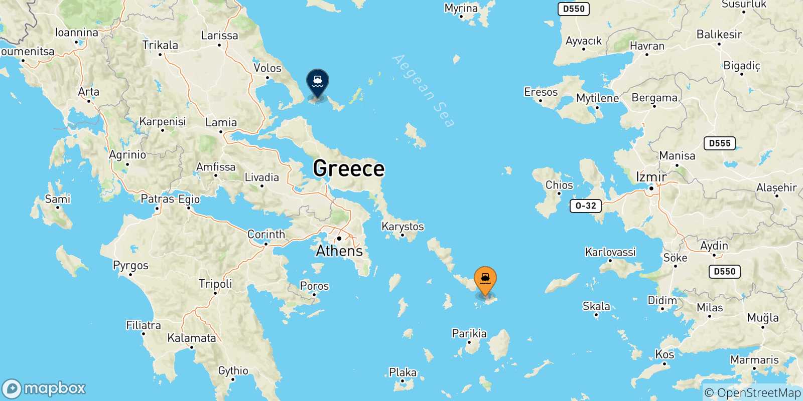 Mapa de las posibles rutas entre Mykonos y  Islas Espóradas