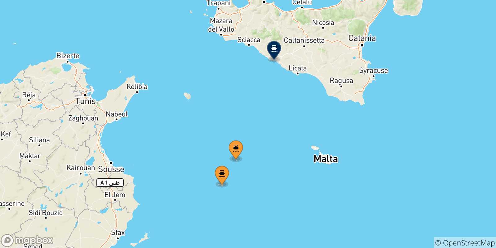 Mapa de las posibles rutas entre Islas Pelagie y  Italia