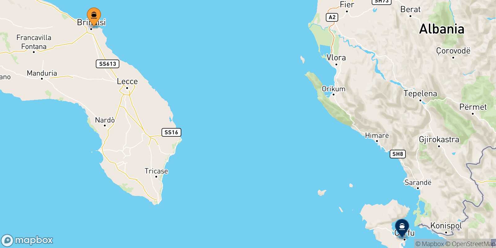 Mapa de la ruta Brindisi Corfu