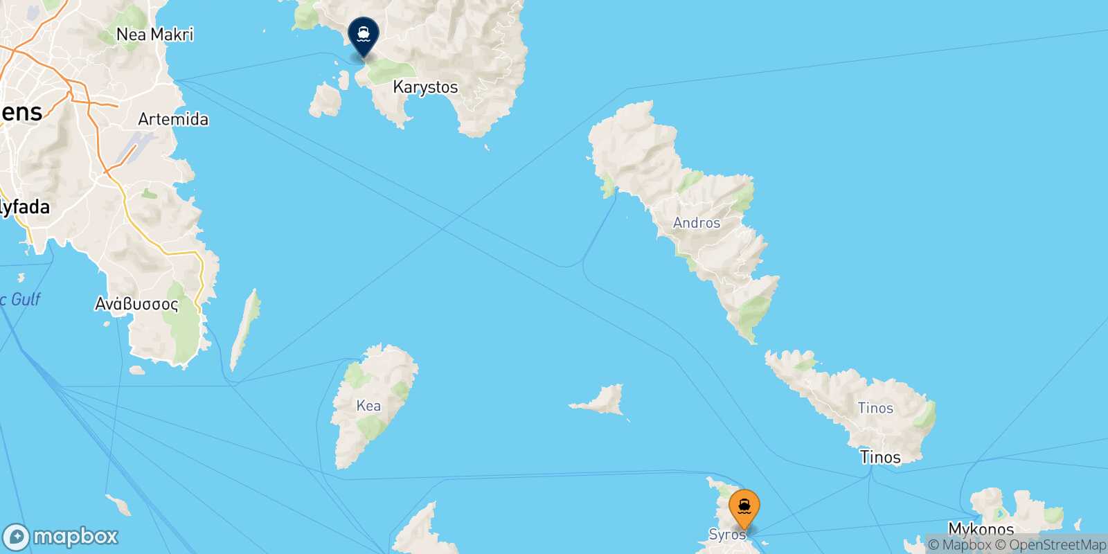 Mapa de la ruta Syros Karystos