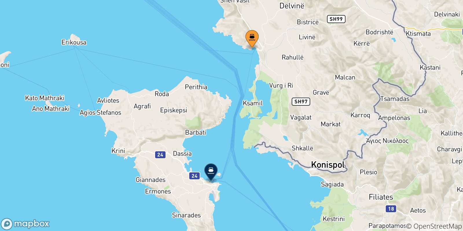 Mapa de las posibles rutas entre Albania y  Corfu