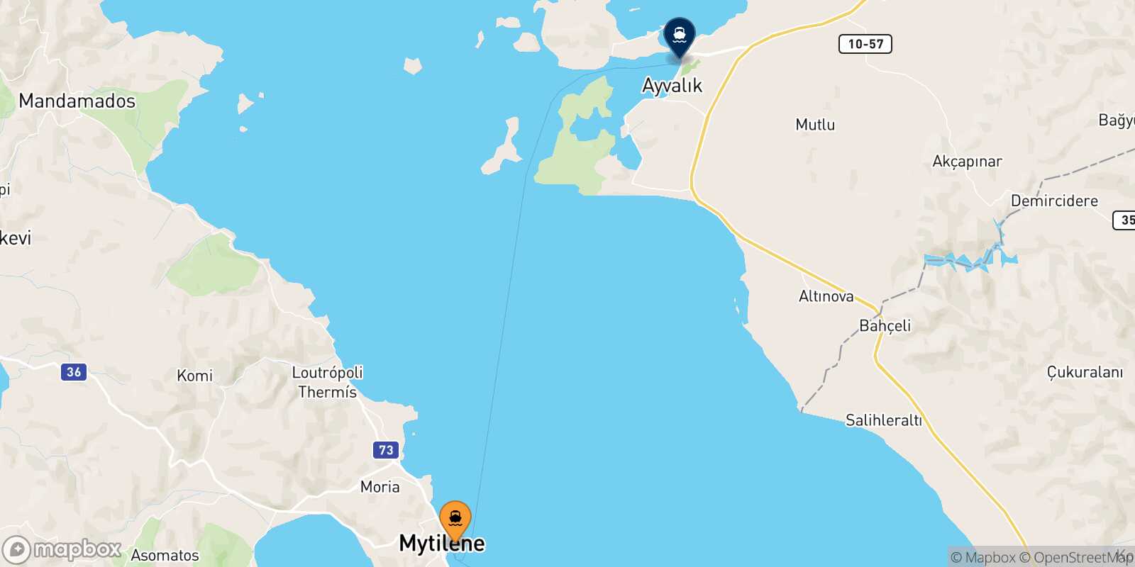 Mapa de los destinos alcanzables de Mytilene (Lesvos)