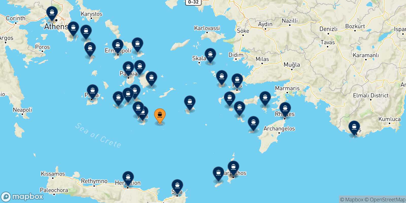 Mapa de los destinos alcanzables de Anafi