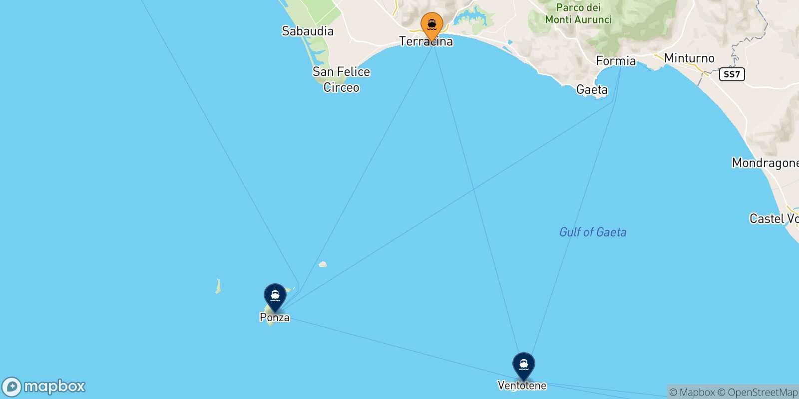 Mapa de los destinos alcanzables de Terracina