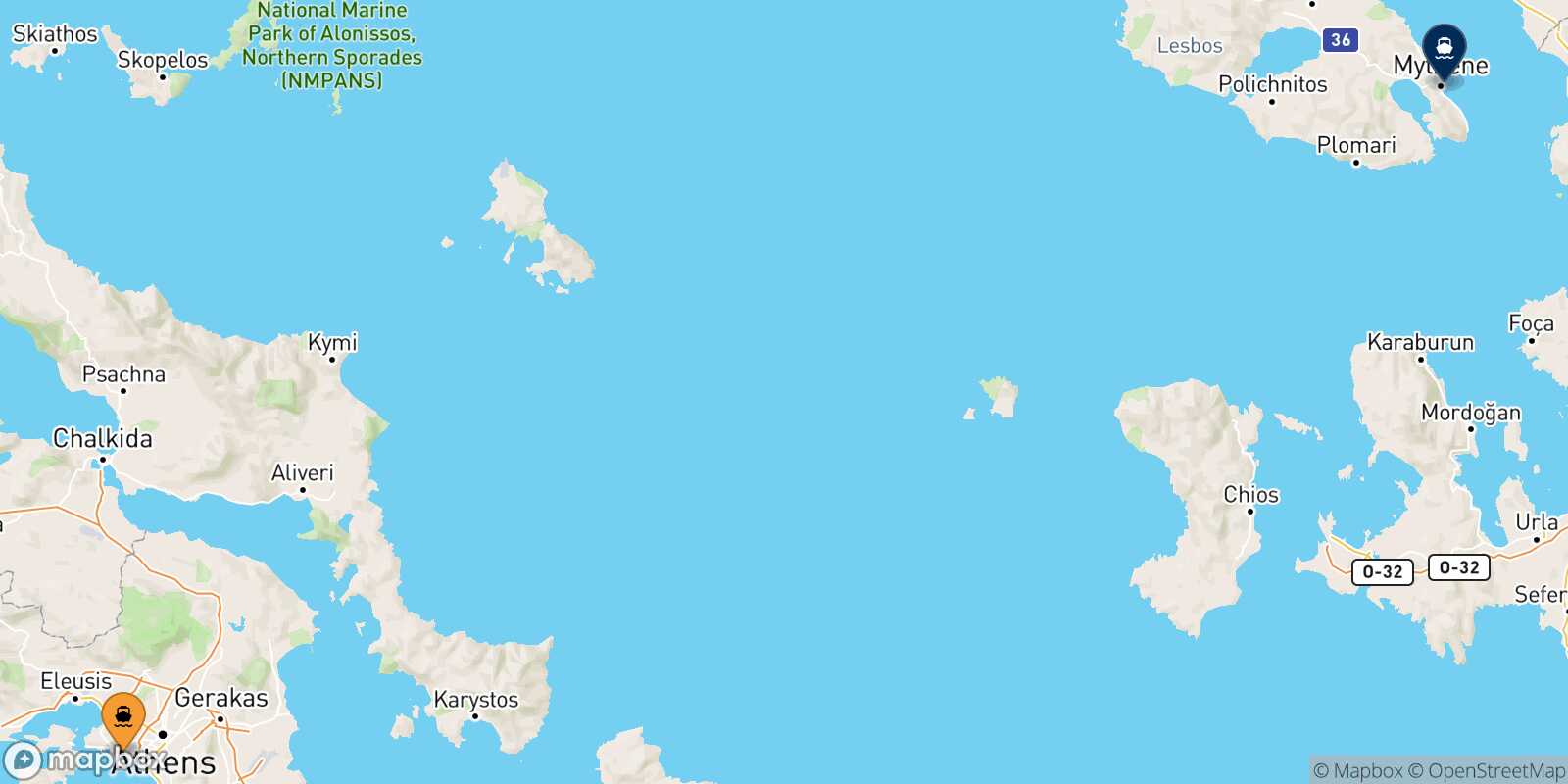 Mapa de la ruta El Pireo Mytilene (Lesvos)