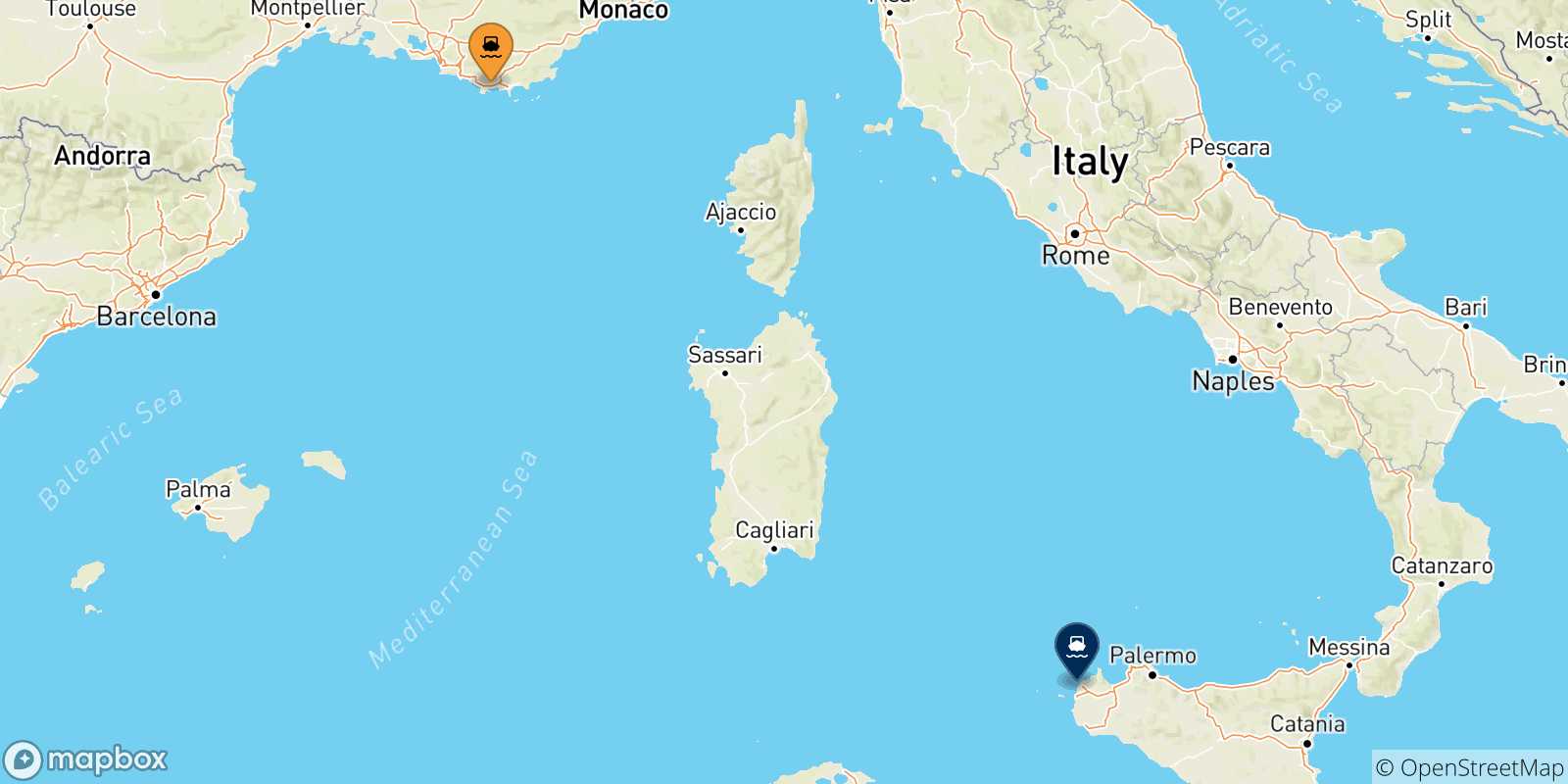 Mapa de las posibles rutas entre Tolón y  Sicilia
