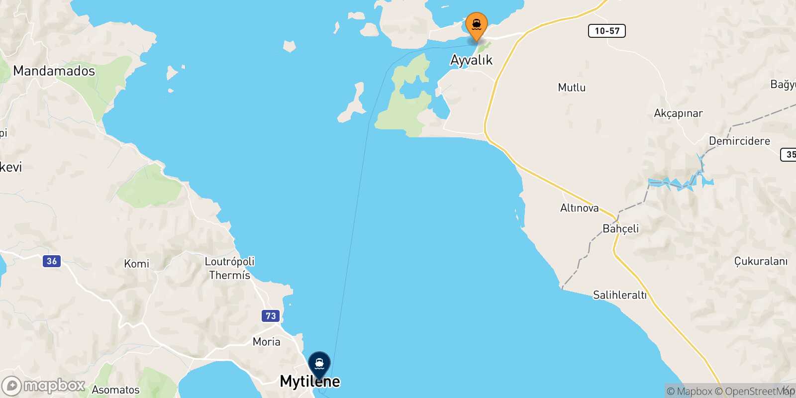Mapa de los puertos conectados con  Mytilene (Lesvos)
