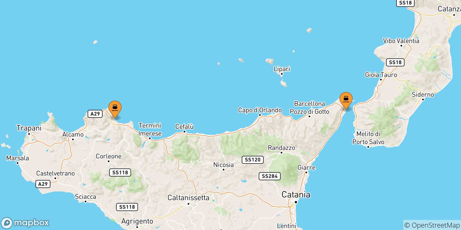 Mapa de las posibles rutas entre Sicilia y  Milazzo
