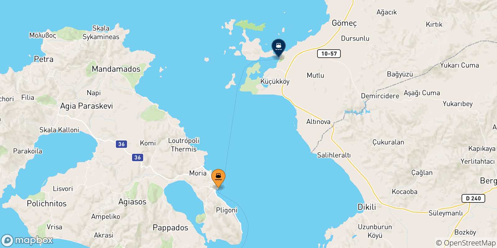Mapa de las posibles rutas entre Mytilene (Lesvos) y  Turquía