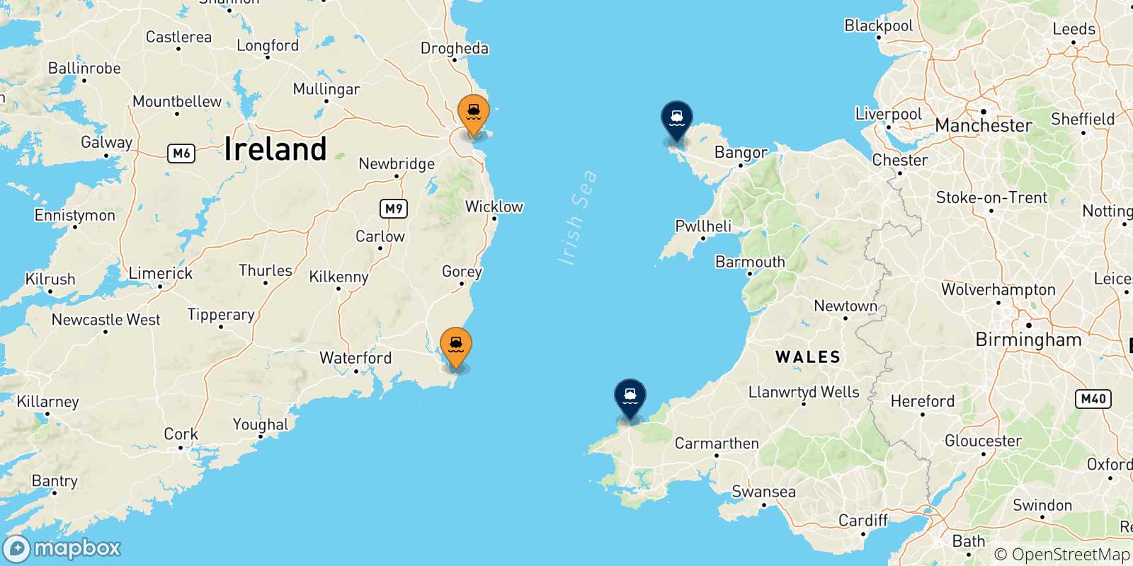 Mapa de los puertos conectados con  Gales