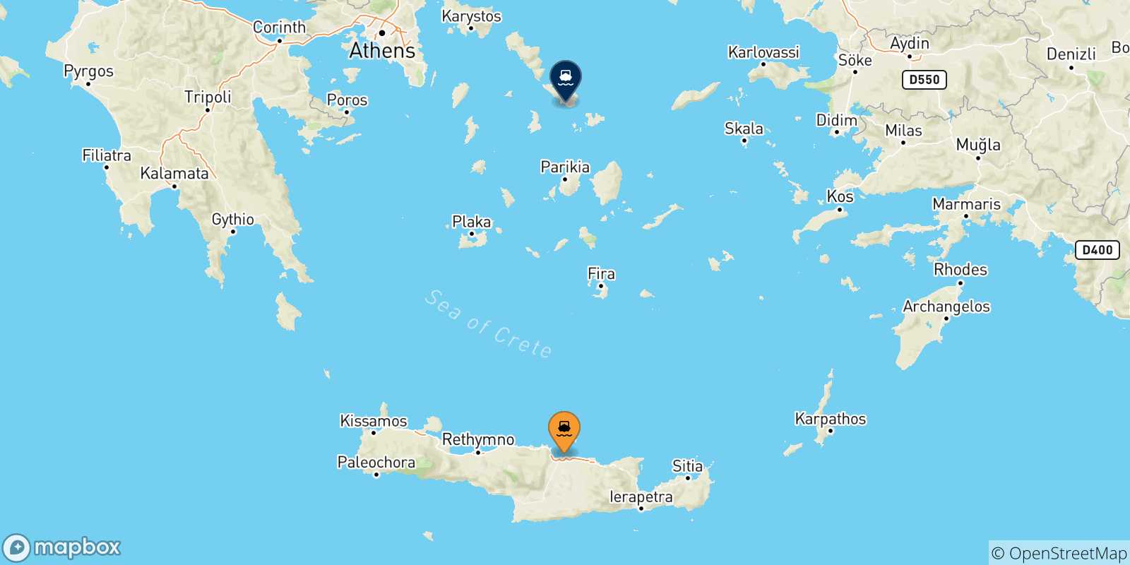 Mapa de las posibles rutas entre Creta y  Tinos