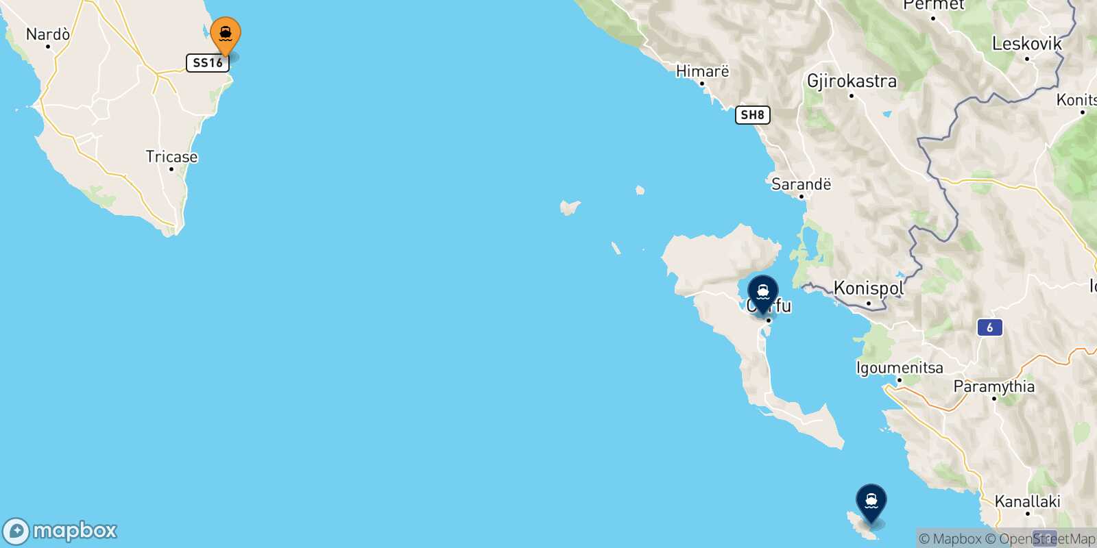 Mapa de los destinos alcanzables de Otranto