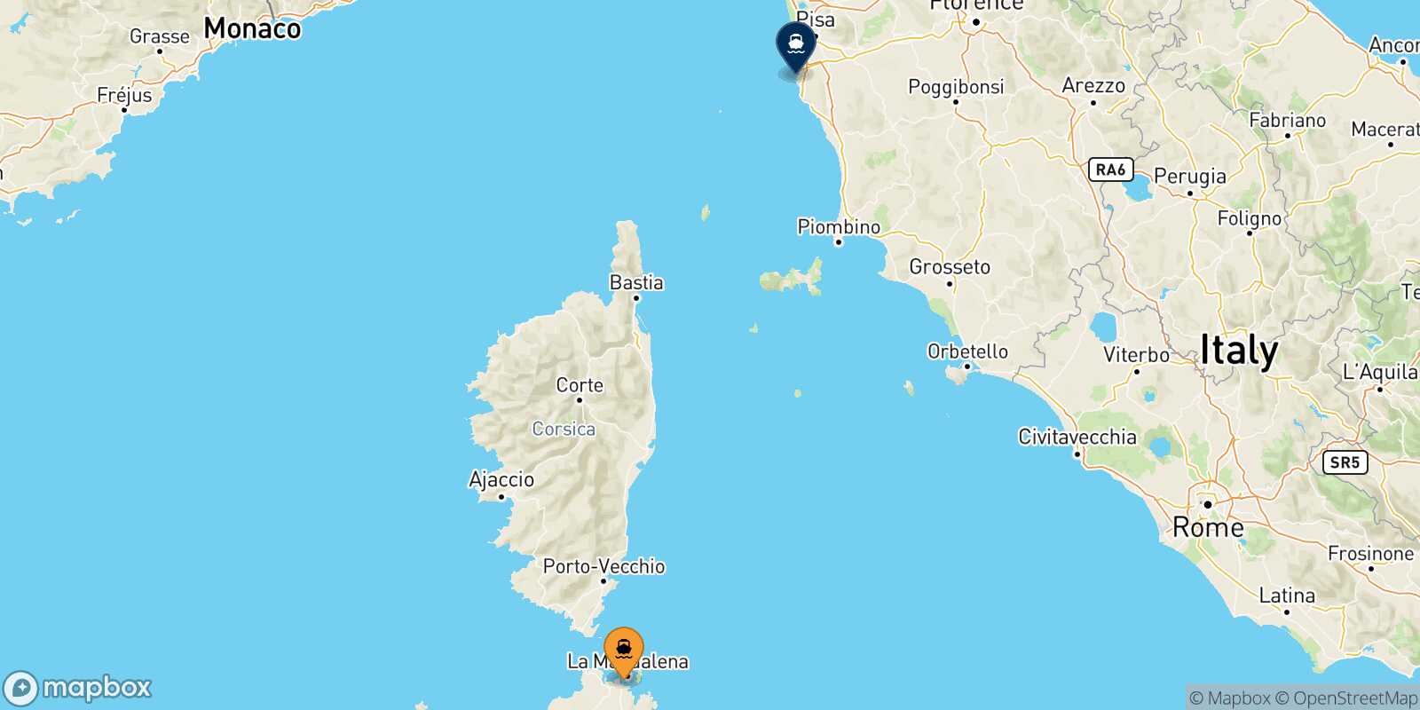 Mapa de la ruta Golfo Aranci Livorno