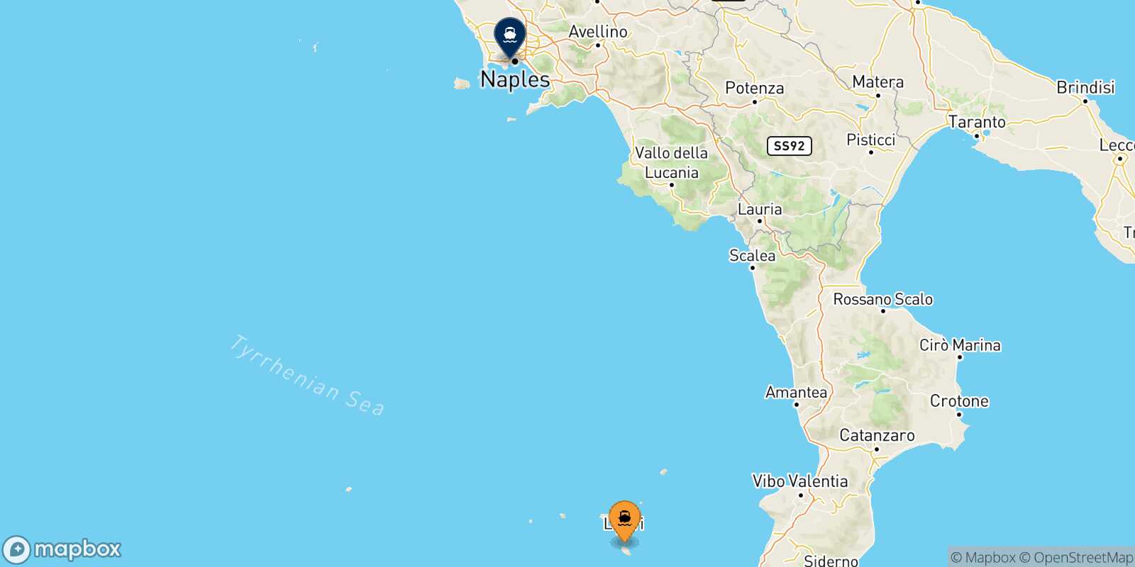 Mapa de la ruta Vulcano Nápoles Mergellina