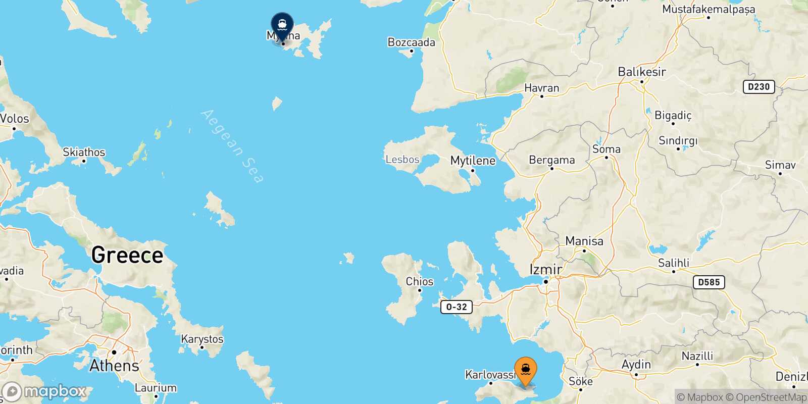Mapa de la ruta Vathi (Samos) Mirina (Limnos)
