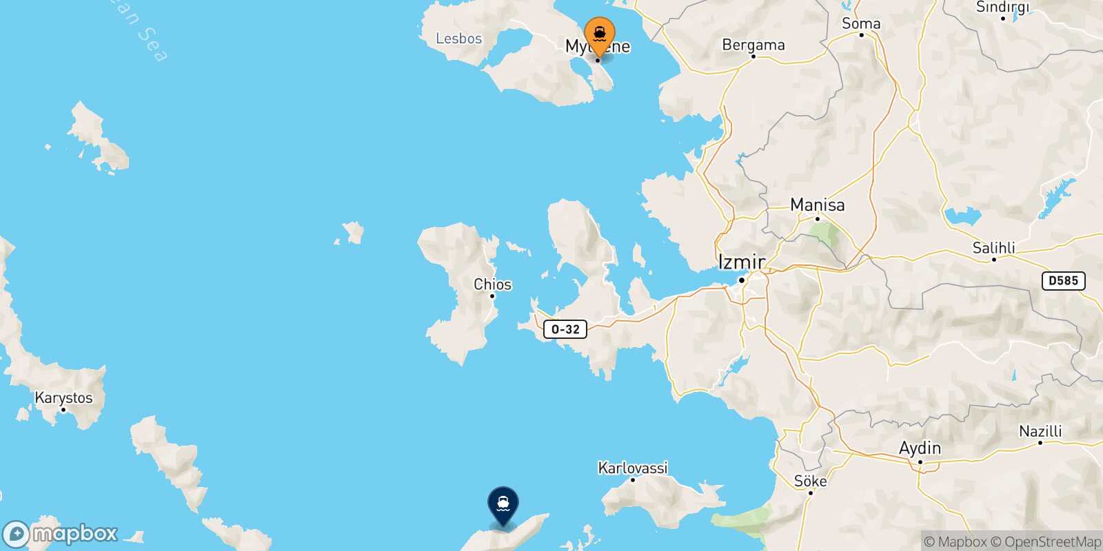 Mapa de la ruta Mytilene (Lesvos) Evdilos (Ikaria)
