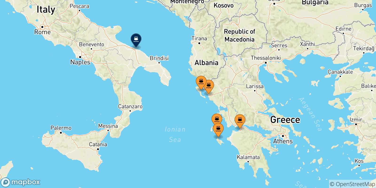 Mapa de las posibles rutas entre Grecia y  Bari