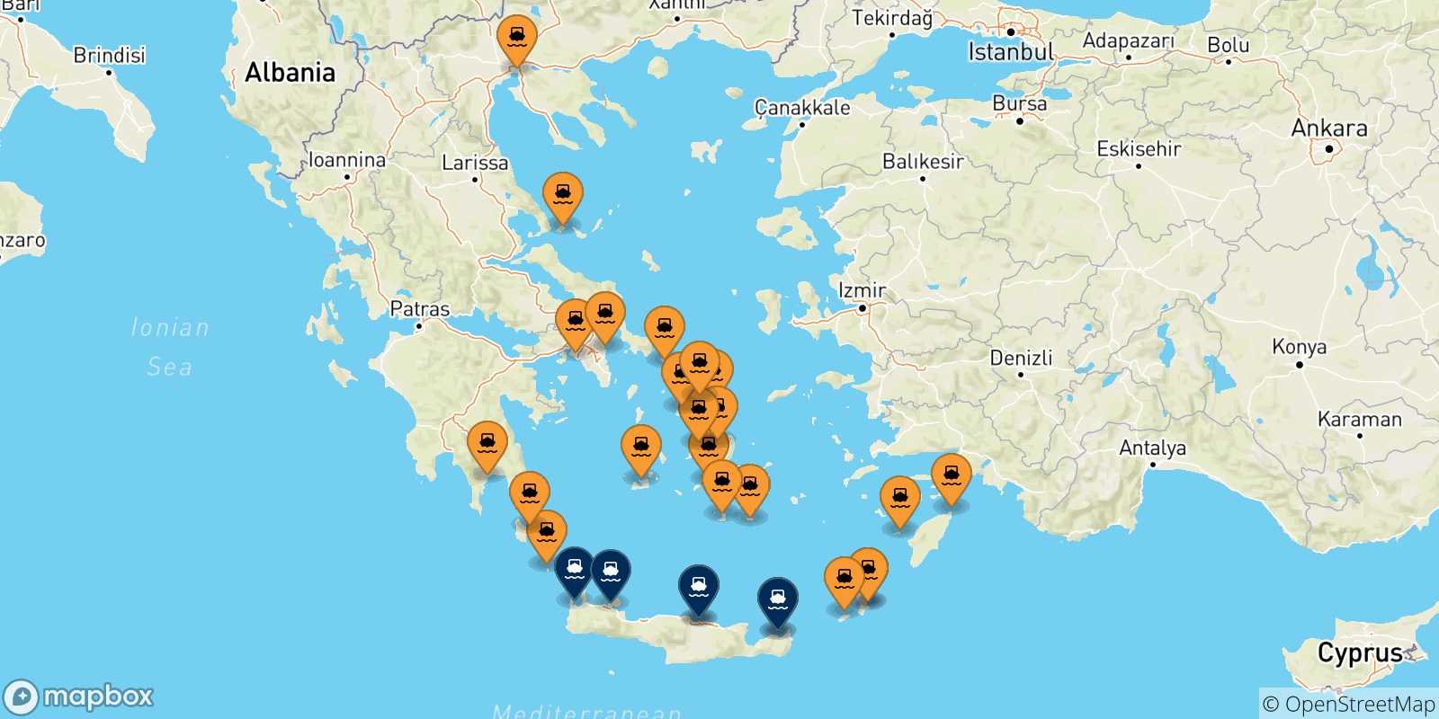 Mapa de los puertos conectados con  Creta