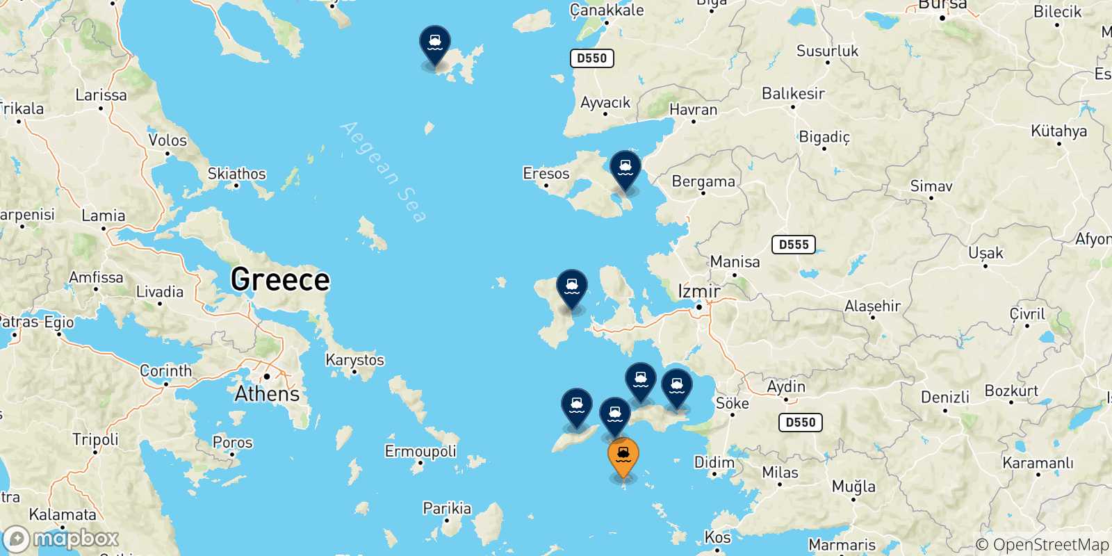 Mapa de las posibles rutas entre Patmos y  Islas Del Egeo