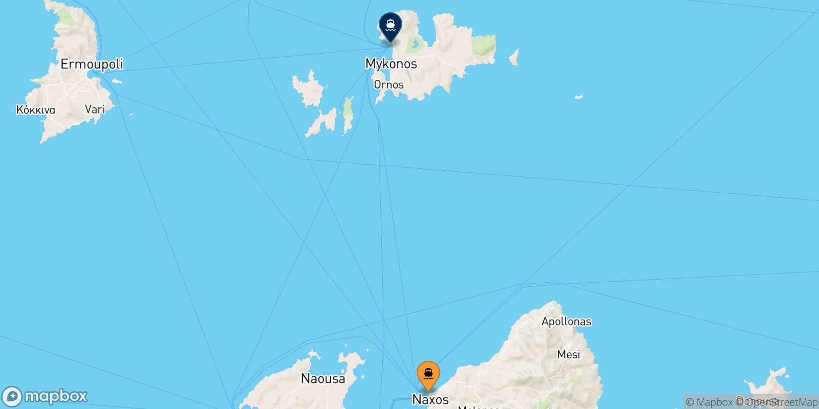 Mapa de la ruta Naxos Mykonos