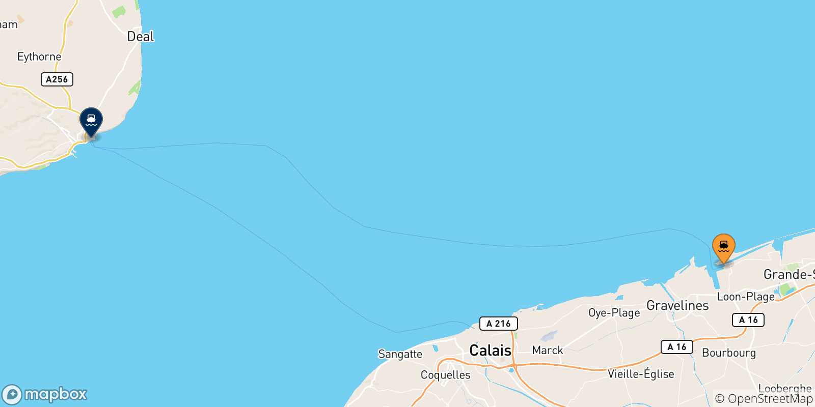Mapa de las posibles rutas entre Dunkerque y  Reino Unido