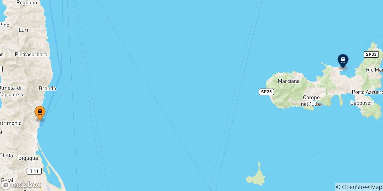 Mapa de las posibles rutas entre Francia y  Isla De Elba