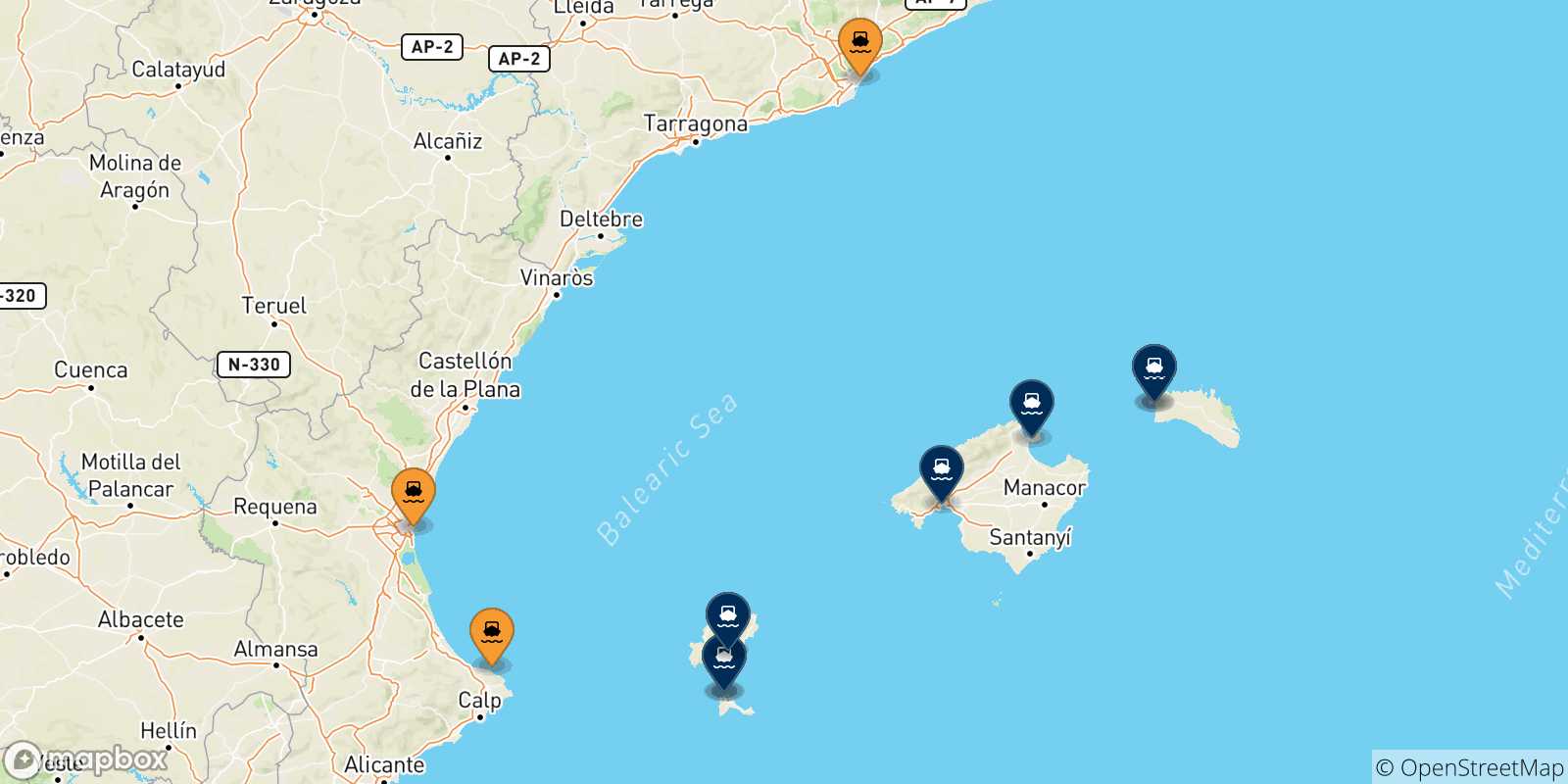 Mapa de las posibles rutas entre España y  Islas Baleares