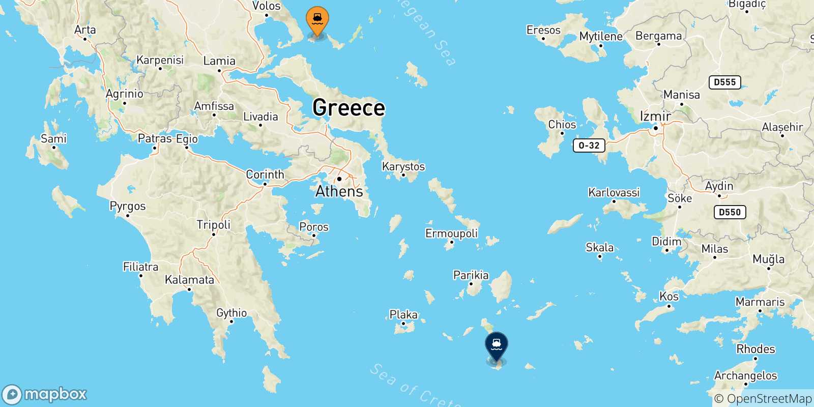 Mapa de las posibles rutas entre Islas Espóradas y  Santorini