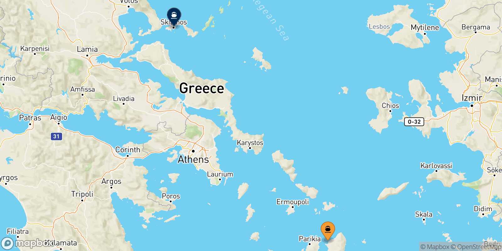 Mapa de la ruta Naxos Skiathos