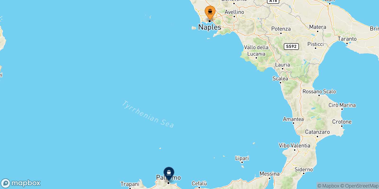 Mapa de la ruta Nápoles Palermo