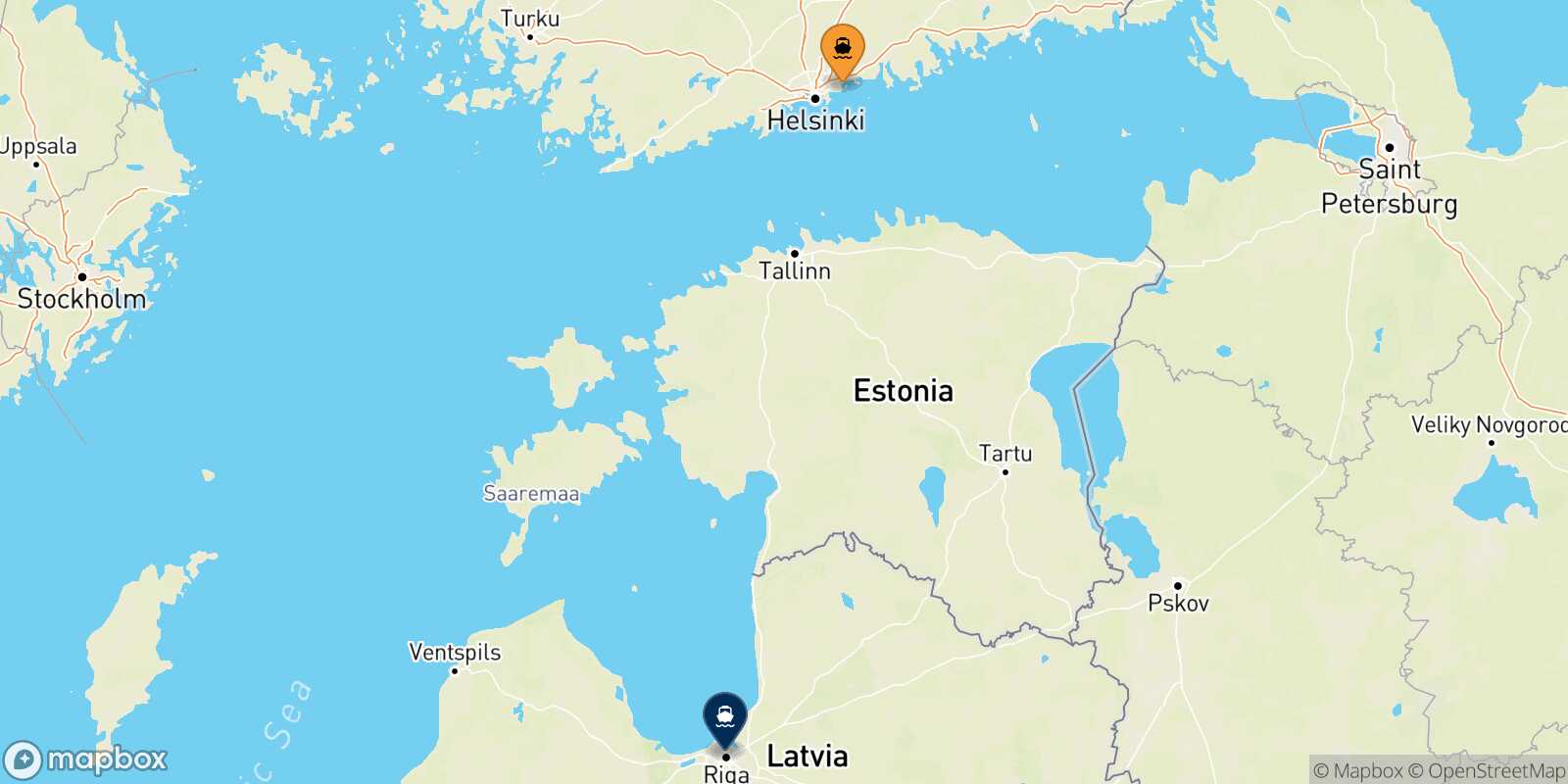 Mapa de la ruta Helsinki Riga