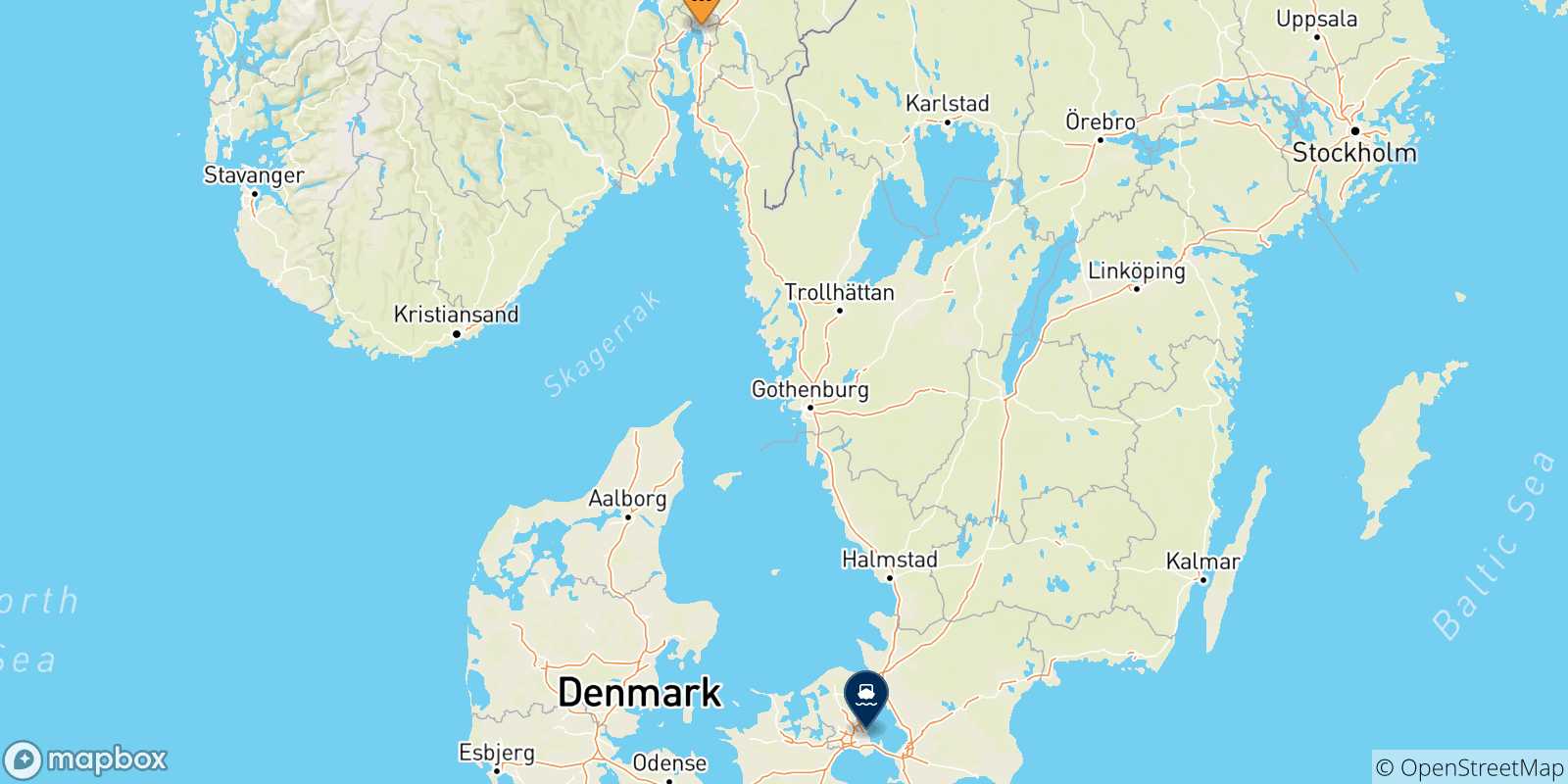 Mapa de las posibles rutas entre Oslo y  Dinamarca