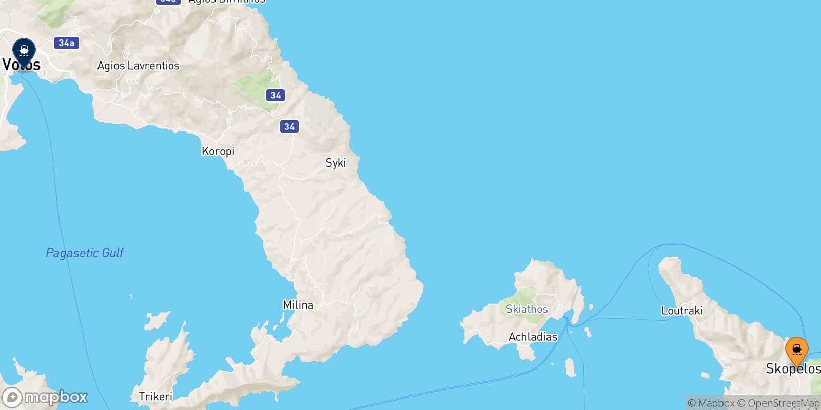 Mapa de la ruta Glossa (Skopelos) Volos