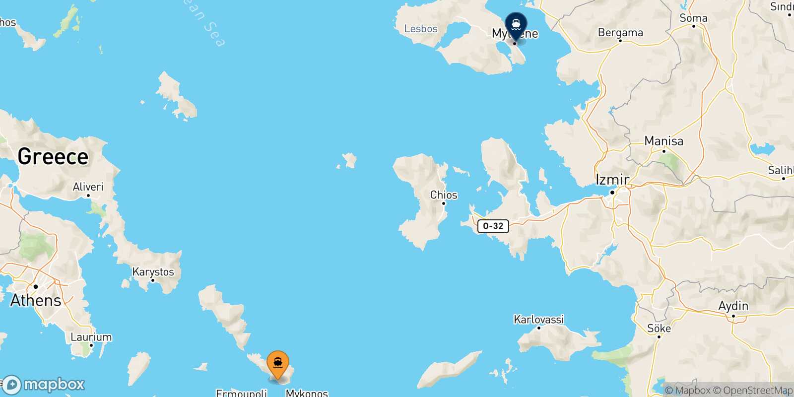Mapa de la ruta Tinos Mytilene (Lesvos)