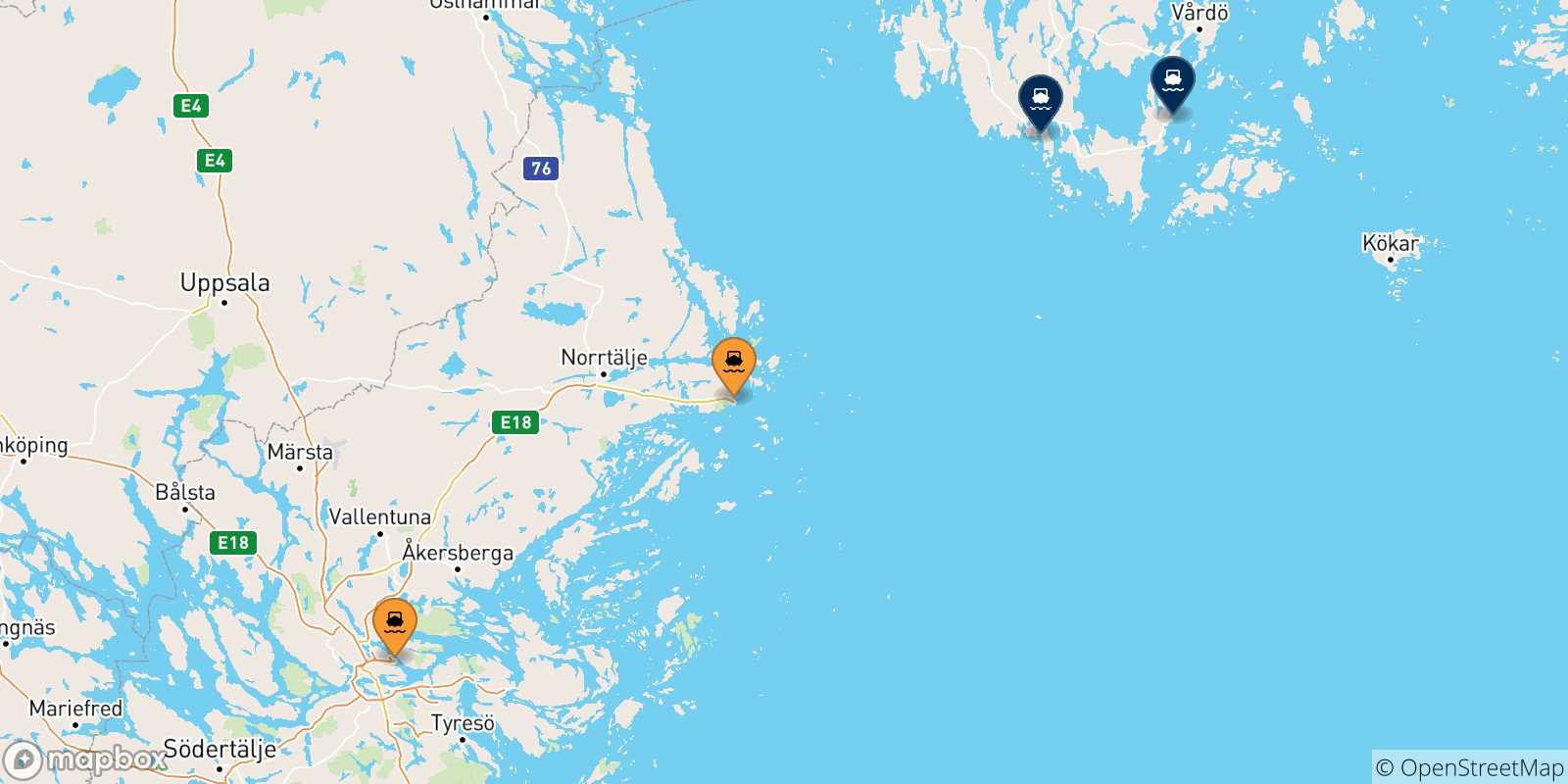 Mapa de las posibles rutas entre Suecia y  Islas Aland