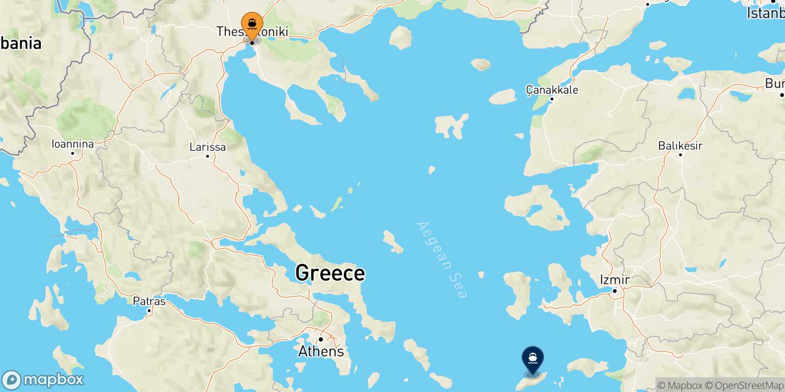 Mapa de la ruta Salónica Agios Kirikos (Ikaria)