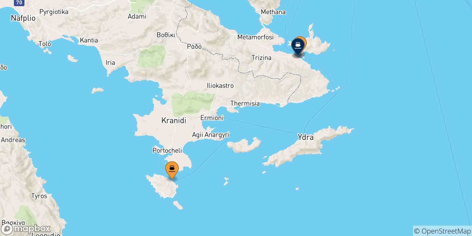Mapa de las posibles rutas entre Islas Sarónicas y  Hermioni