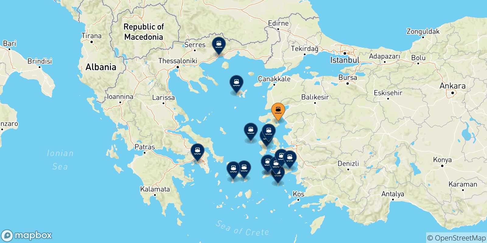 Mapa de las posibles rutas entre Mytilene (Lesvos) y  Grecia