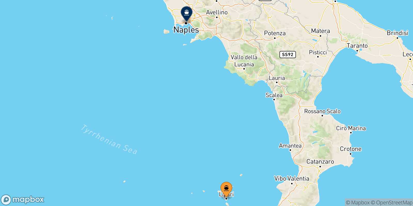 Mapa de la ruta Lipari Nápoles