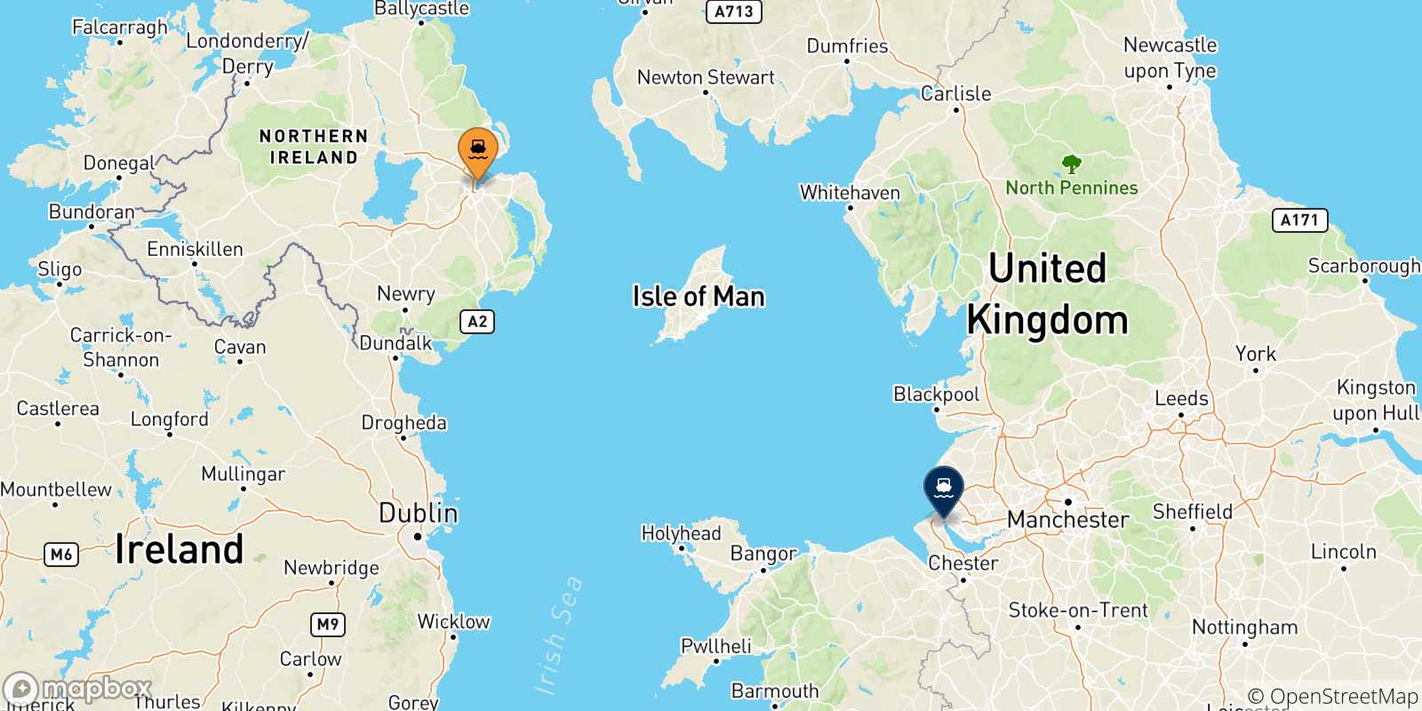 Mapa de las posibles rutas entre Irlanda Del Norte y  Liverpool Birkenhead