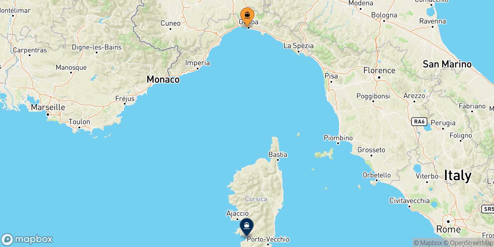 Mapa de la ruta Genova Ajaccio