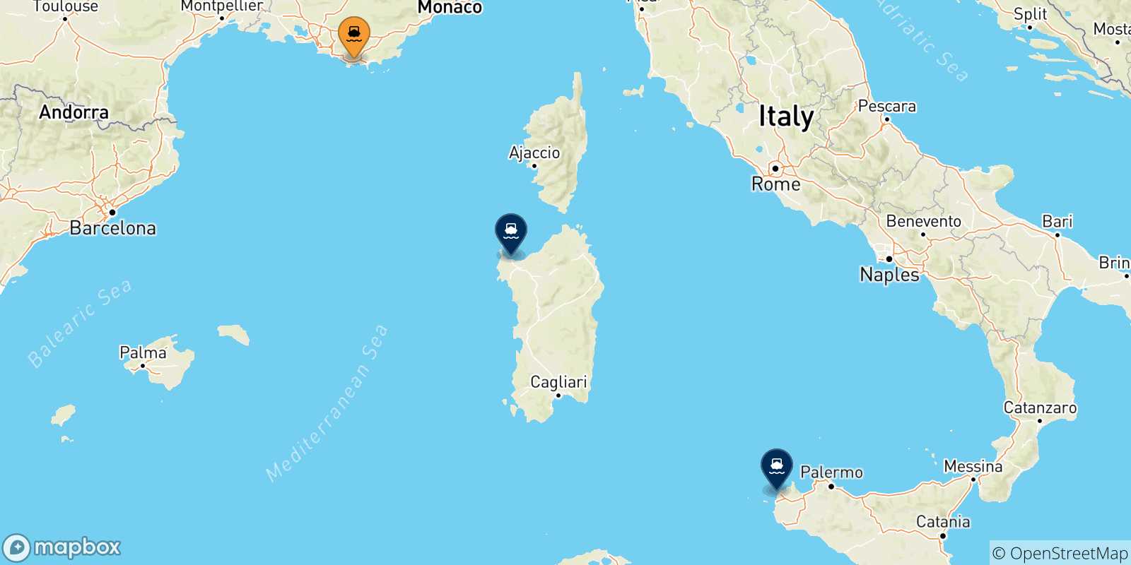 Mapa de las posibles rutas entre Tolón y  Italia