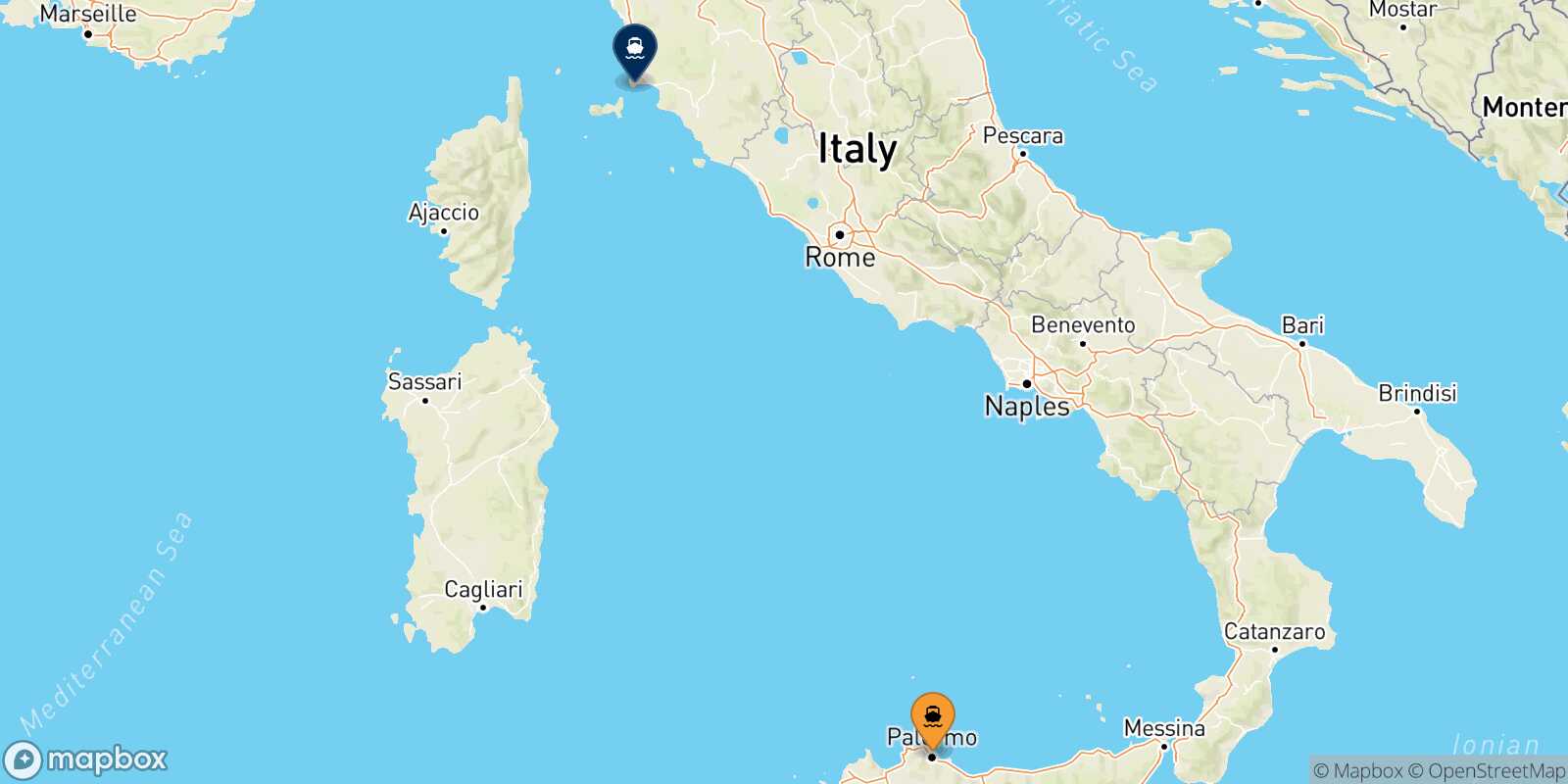 Mapa de los puertos conectados con  Piombino