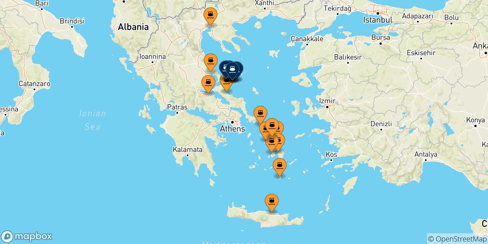 Mapa de las posibles rutas entre Grecia y  Islas Espóradas