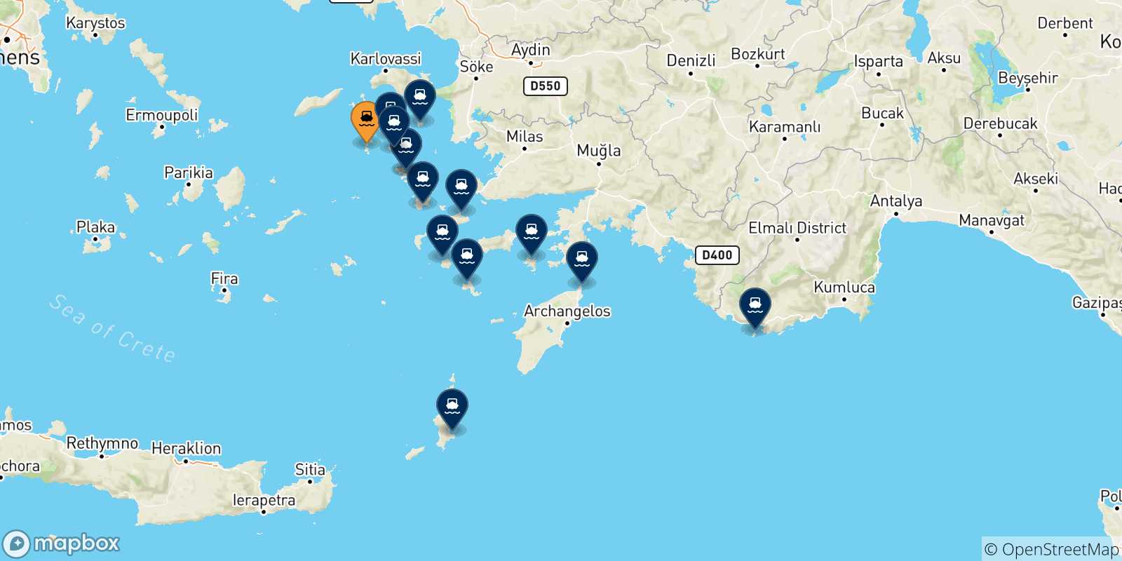 Mapa de las posibles rutas entre Patmos y  Dodecaneso