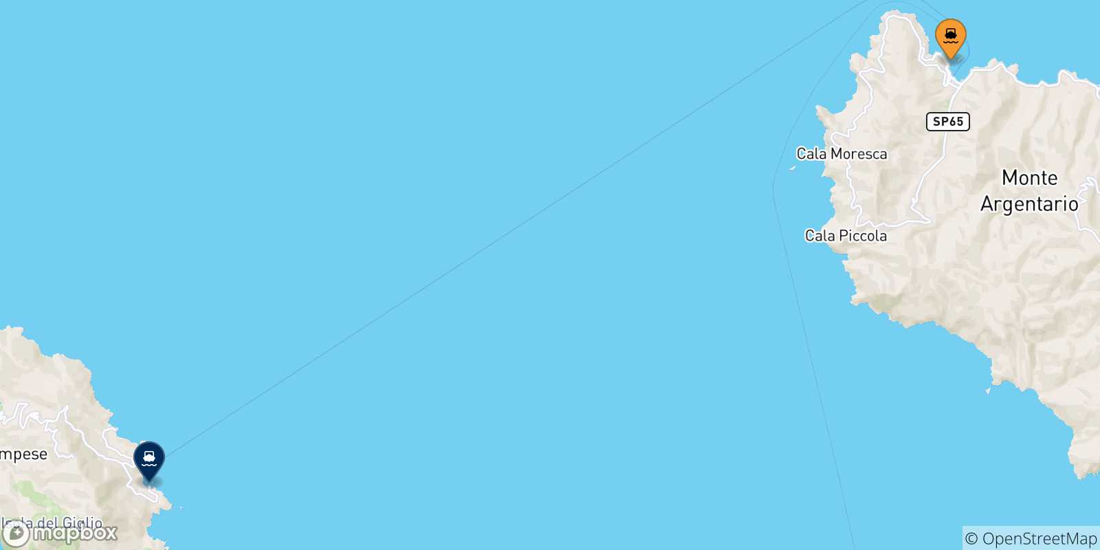 Mapa de las posibles rutas entre Porto Santo Stefano y  Isla Del Giglio