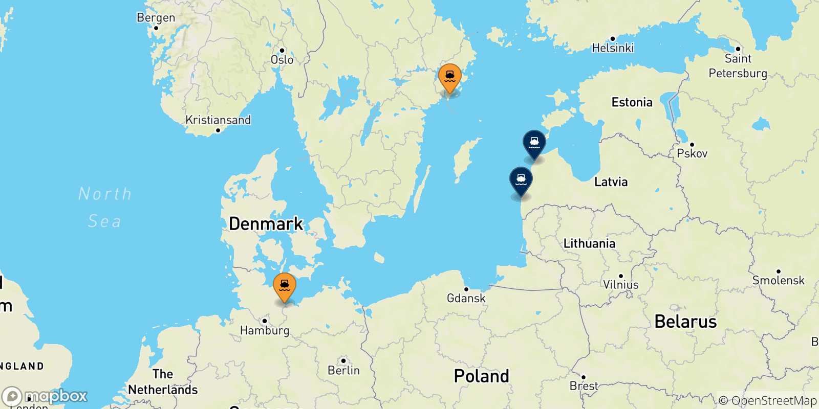 Mapa de los puertos conectados con  Letonia